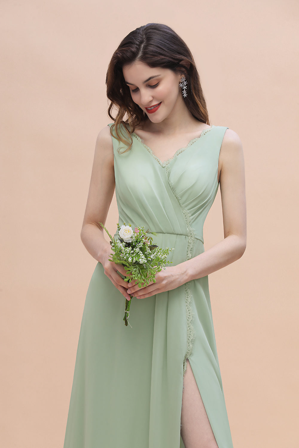 Sexy Chiffon Ruffles Dusty Sage Bridesmaid Dress with Lace Edge On Sale-Babyonlines