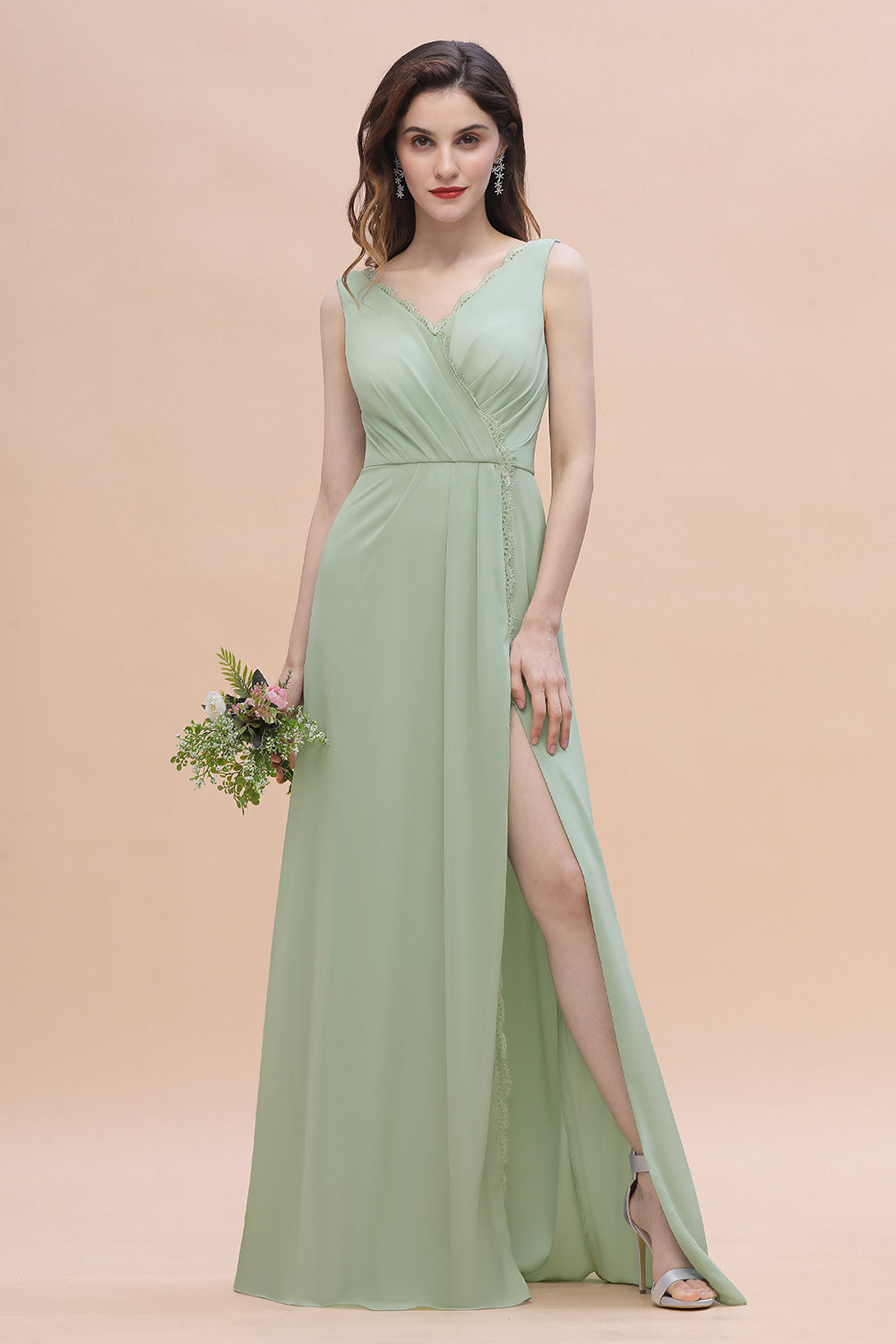 Sexy Chiffon Ruffles Dusty Sage Bridesmaid Dress with Lace Edge On Sale-Babyonlines