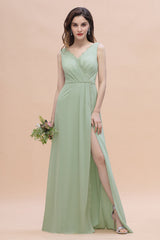 Sexy Chiffon Ruffles Dusty Sage Bridesmaid Dress with Lace Edge On Sale-Babyonlines
