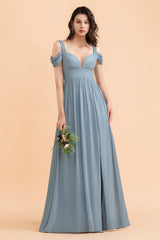 Sexy Cold-Shoulder Dusty Blue Chiffon Bridesmaid Dress with Slit On Sale-Babyonlines