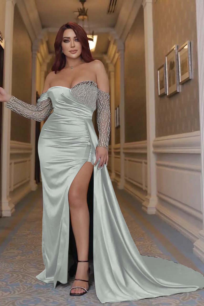 Sexy Off the Shoulder Long Sleeve Emerald Green Mermaid Prom Dress with Beading and Split