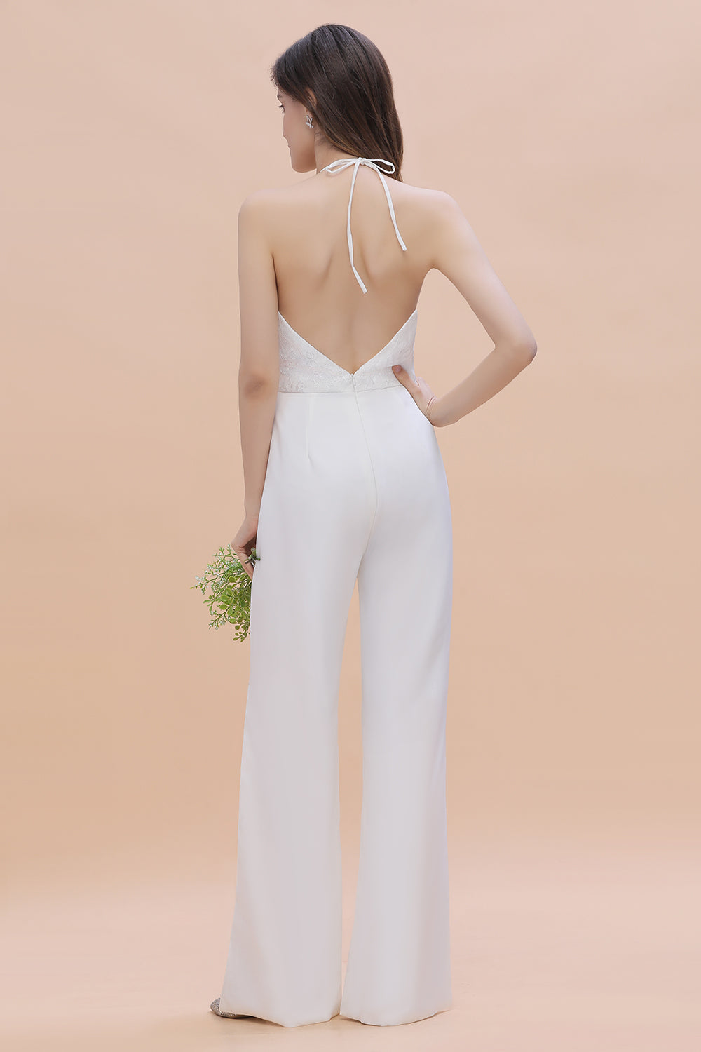 Sexy Halter Backless Lace Bridesmaid Jumpsuit with Slits On Sale-Babyonlines