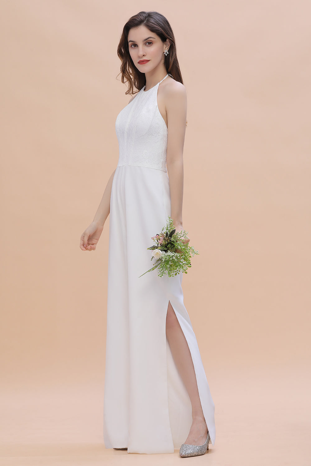 Sexy Halter Backless Lace Bridesmaid Jumpsuit with Slits On Sale-Babyonlines