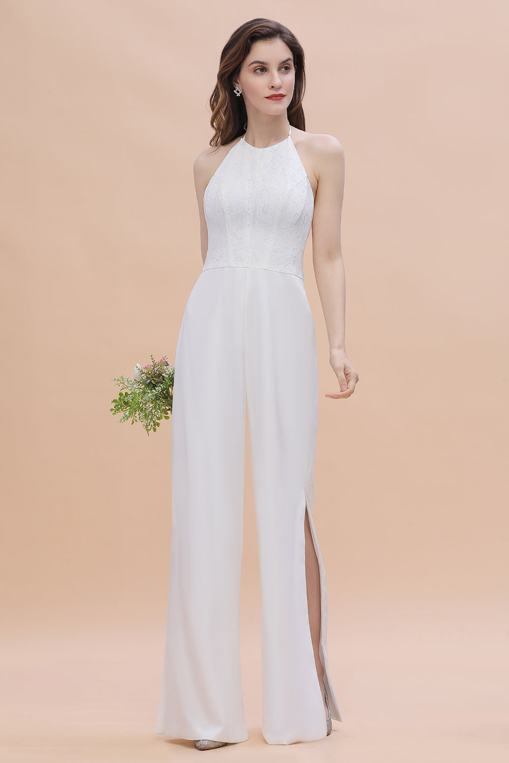 Sexy Halter Backless Lace Bridesmaid Jumpsuit with Slits On Sale-Babyonlines