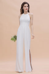 Sexy Halter Backless Lace Bridesmaid Jumpsuit with Slits On Sale-Babyonlines