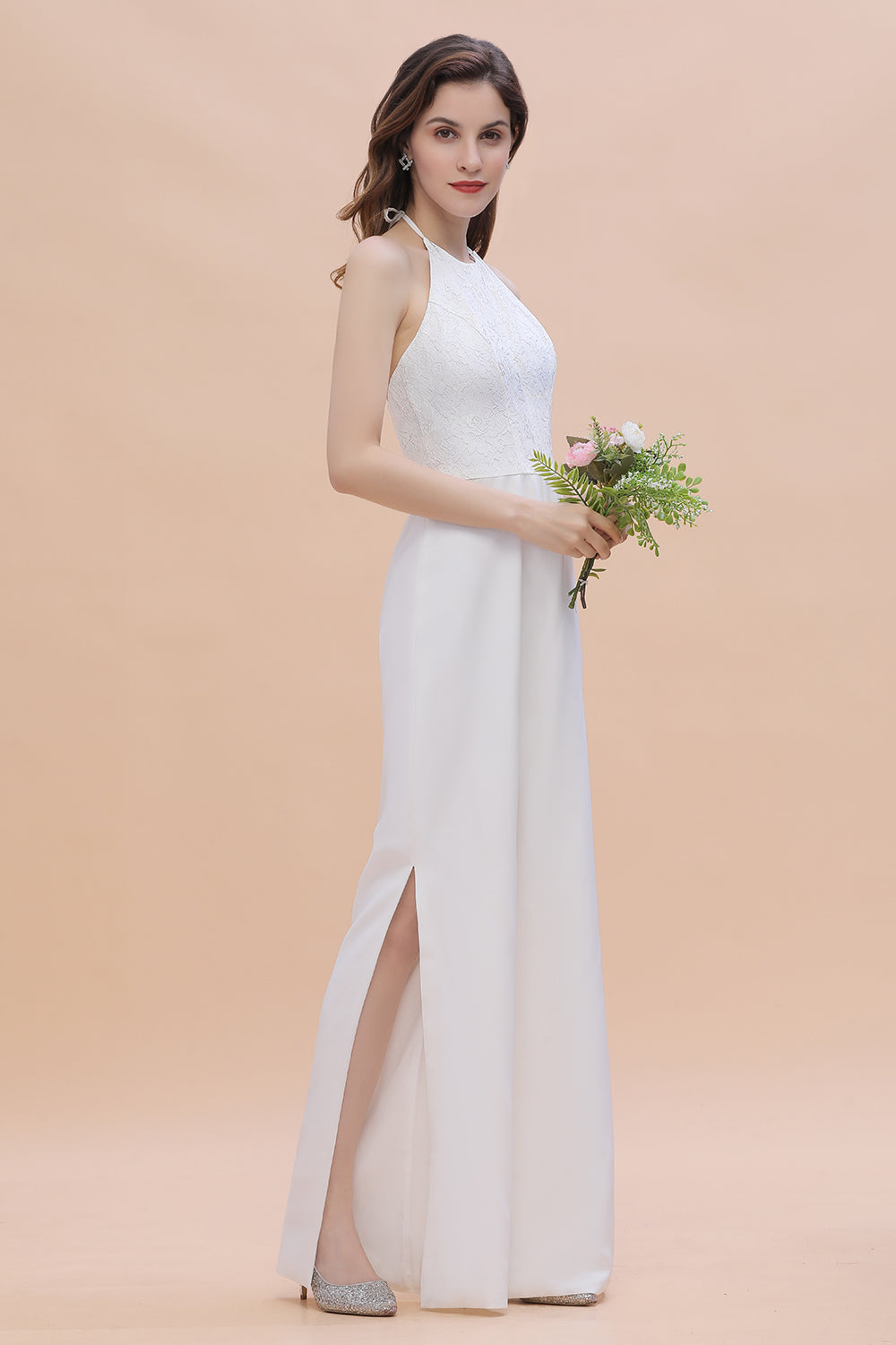 Sexy Halter Backless Lace Bridesmaid Jumpsuit with Slits On Sale-Babyonlines
