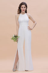 Sexy Halter Backless Lace Bridesmaid Jumpsuit with Slits On Sale-Babyonlines