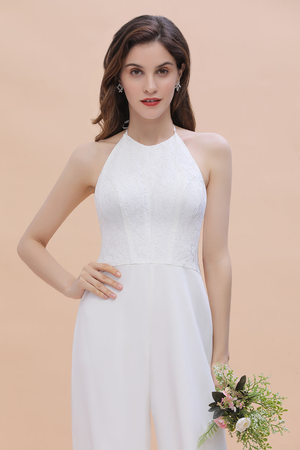 Sexy Halter Backless Lace Bridesmaid Jumpsuit with Slits On Sale-Babyonlines