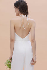 Sexy Halter Backless Lace Bridesmaid Jumpsuit with Slits On Sale-Babyonlines