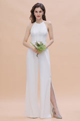 Sexy Halter Backless Lace Bridesmaid Jumpsuit with Slits On Sale-Babyonlines