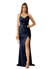 Sexy V-Neck Glitter Sequin Floor Length Dress with Slit - Babyonlines