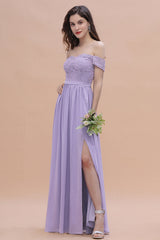 Sexy Off-the-Shoulder Lace Chiffon Ruffles Bridesmaid Dress with Slit On Sale-Babyonlines