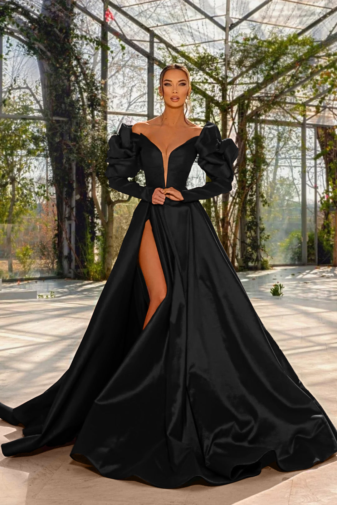 Sexy Red V Neck Long Sleeve Prom Dress with High Split