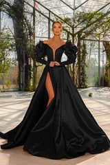 Sexy Red V Neck Long Sleeve Prom Dress with High Split