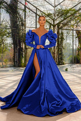 Sexy Red V Neck Long Sleeve Prom Dress with High Split