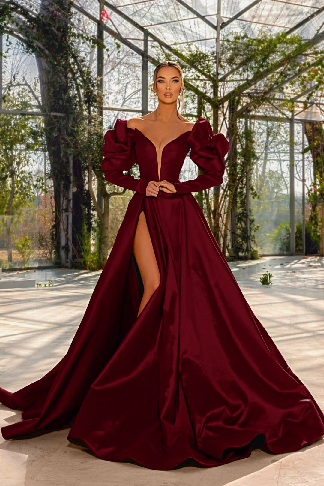 Sexy Red V Neck Long Sleeve Prom Dress with High Split