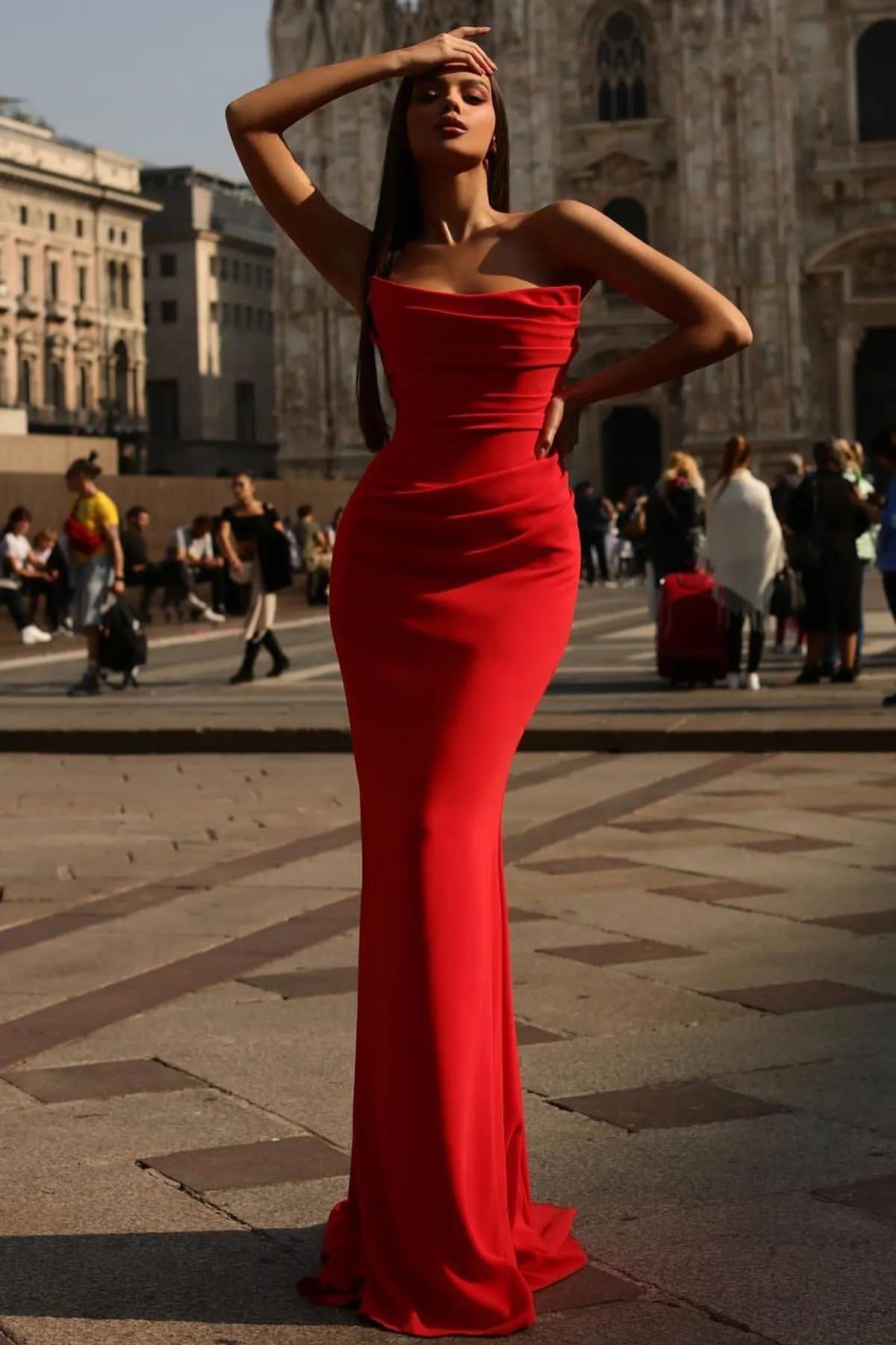 Sexy Strapless Red Mermaid Prom Dress with Pleated