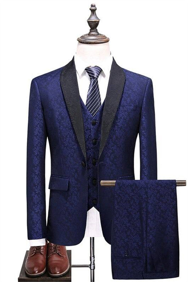 Shawl Lapel Navy Blue Groomsman Suit, Three Pieces Tuxedo