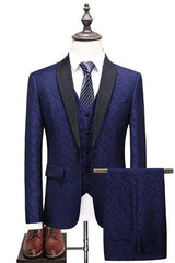 Shawl Lapel Navy Blue Groomsman Suit, Three Pieces Tuxedo