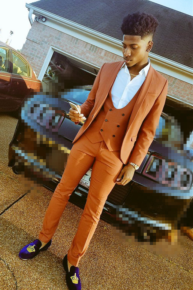Shawl Lapel Orange Three-Piece Formal Dinner Suit for Men