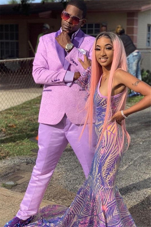 Shawl Lapel Wedding Suit for Groom and Groomsmen with Pink Jacquard