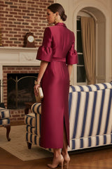 Sheath Satin Tea‑Length Mother of the Bride & Groom Dress with 3/4 Bell Sleeves and Crystal Embellished Belt