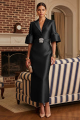 Sheath Satin Tea‑Length Mother of the Bride & Groom Dress with 3/4 Bell Sleeves and Crystal Embellished Belt