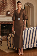 Sheath Satin Tea‑Length Mother of the Bride & Groom Dress with 3/4 Bell Sleeves and Crystal Embellished Belt