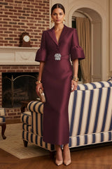 Sheath Satin Tea‑Length Mother of the Bride & Groom Dress with 3/4 Bell Sleeves and Crystal Embellished Belt