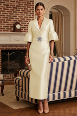 Sheath Satin Tea‑Length Mother of the Bride & Groom Dress with 3/4 Bell Sleeves and Crystal Embellished Belt