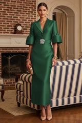 Sheath Satin Tea‑Length Mother of the Bride & Groom Dress with 3/4 Bell Sleeves and Crystal Embellished Belt