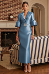 Sheath Satin Tea‑Length Mother of the Bride & Groom Dress with 3/4 Bell Sleeves and Crystal Embellished Belt