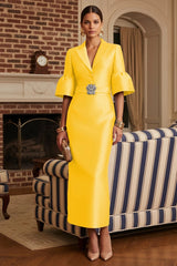 Sheath Satin Tea‑Length Mother of the Bride & Groom Dress with 3/4 Bell Sleeves and Crystal Embellished Belt