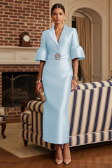 Sheath Satin Tea‑Length Mother of the Bride & Groom Dress with 3/4 Bell Sleeves and Crystal Embellished Belt