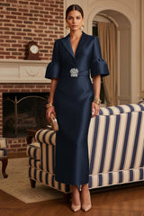 Sheath Satin Tea‑Length Mother of the Bride & Groom Dress with 3/4 Bell Sleeves and Crystal Embellished Belt