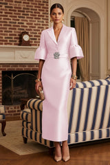 Sheath Satin Tea‑Length Mother of the Bride & Groom Dress with 3/4 Bell Sleeves and Crystal Embellished Belt