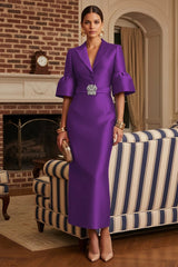 Sheath Satin Tea‑Length Mother of the Bride & Groom Dress with 3/4 Bell Sleeves and Crystal Embellished Belt