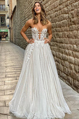 Sheer A-line Wedding Dress Floor Length With Tulle Appliques