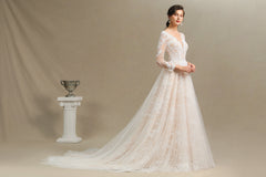Sheer Long Sleeve A-Line Illusion Tulle Wedding Dress with Lace