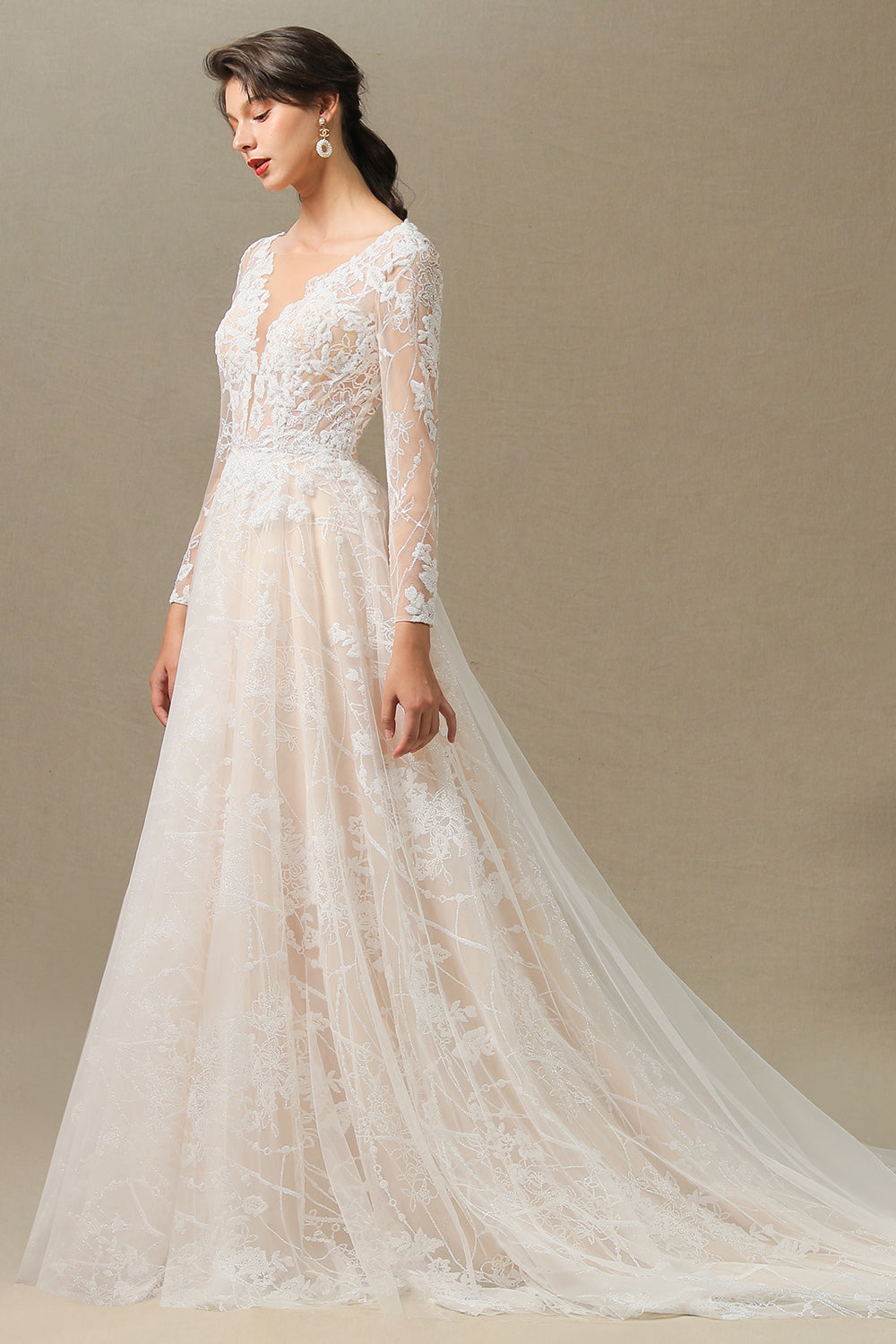 Sheer Long Sleeve A-Line Illusion Tulle Wedding Dress with Lace