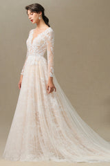 Sheer Long Sleeve A-Line Illusion Tulle Wedding Dress with Lace