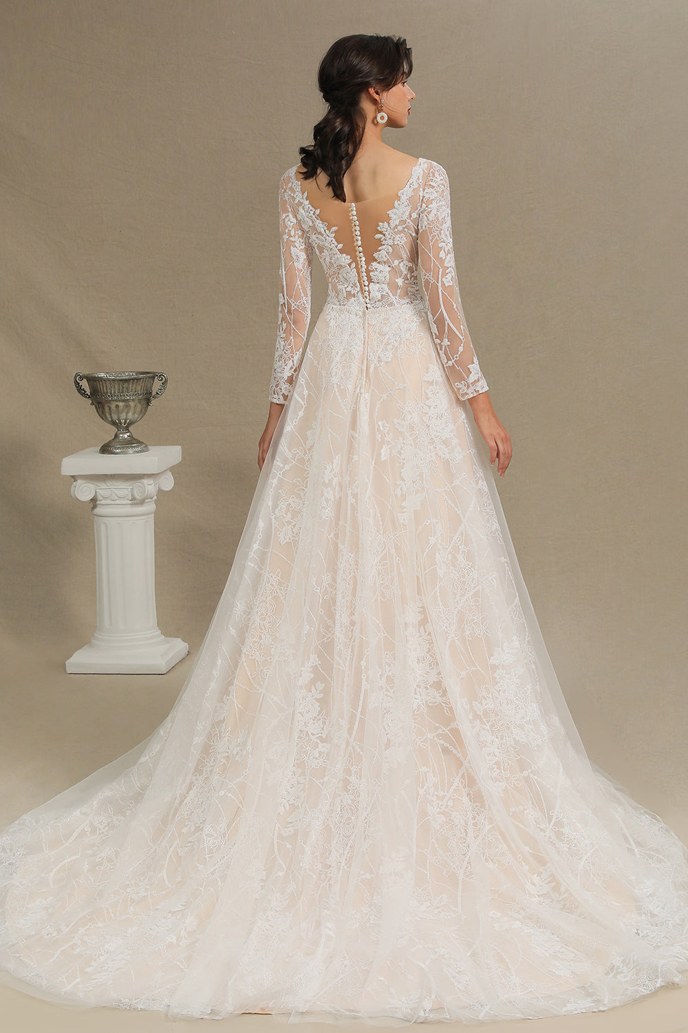 Sheer Long Sleeve A-Line Illusion Tulle Wedding Dress with Lace