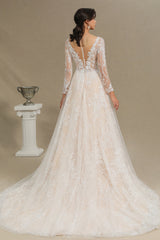 Sheer Long Sleeve A-Line Illusion Tulle Wedding Dress with Lace