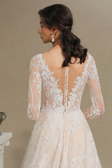 Sheer Long Sleeve A-Line Illusion Tulle Wedding Dress with Lace