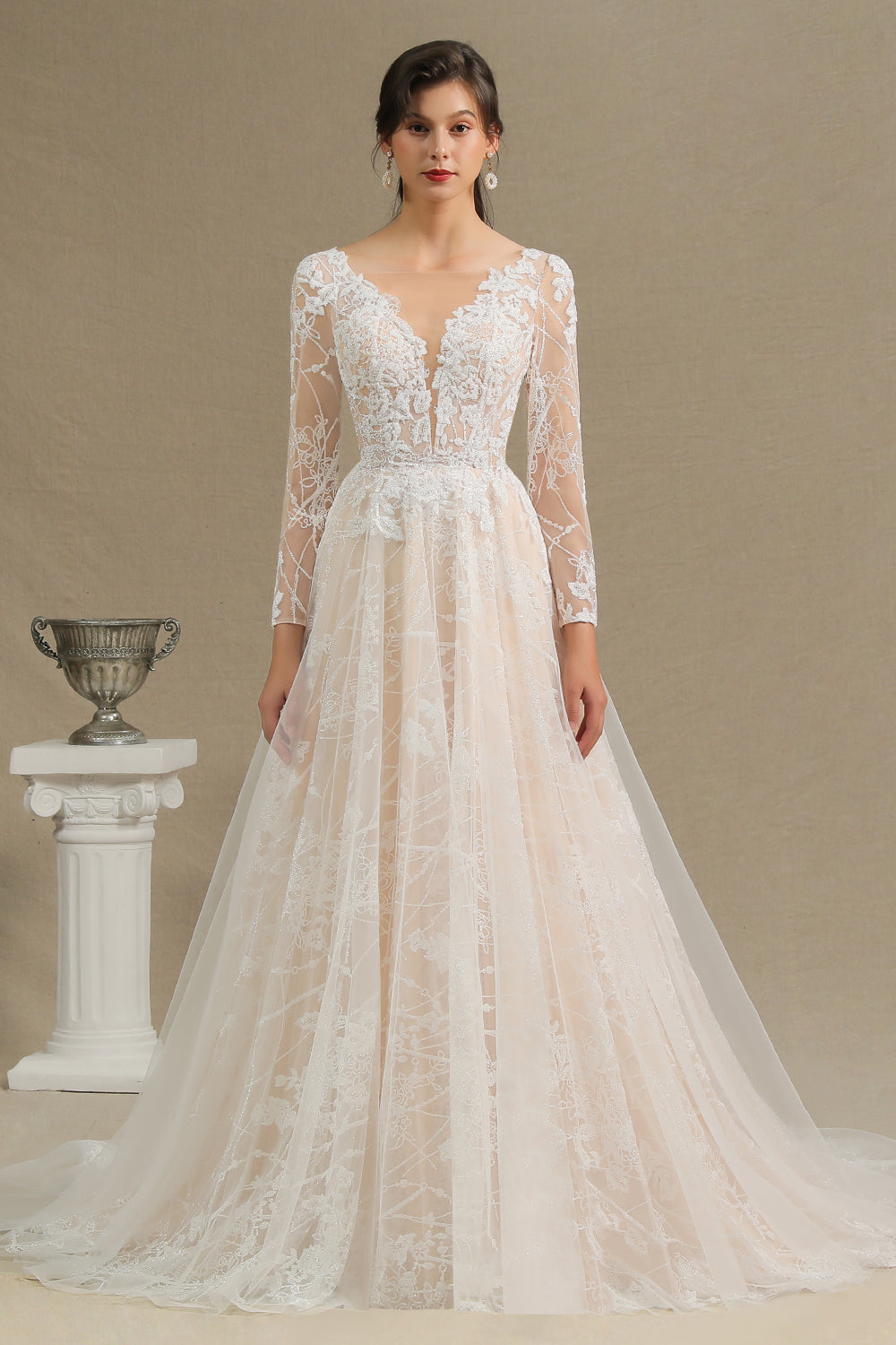 Sheer Long Sleeve A-Line Illusion Tulle Wedding Dress with Lace