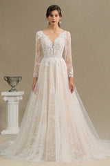 Sheer Long Sleeve A-Line Illusion Tulle Wedding Dress with Lace