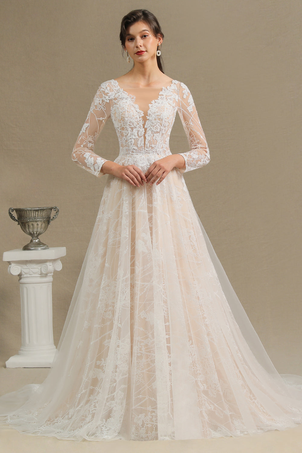 Sheer Long Sleeve A-Line Illusion Tulle Wedding Dress with Lace