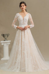 Sheer Long Sleeve A-Line Illusion Tulle Wedding Dress with Lace