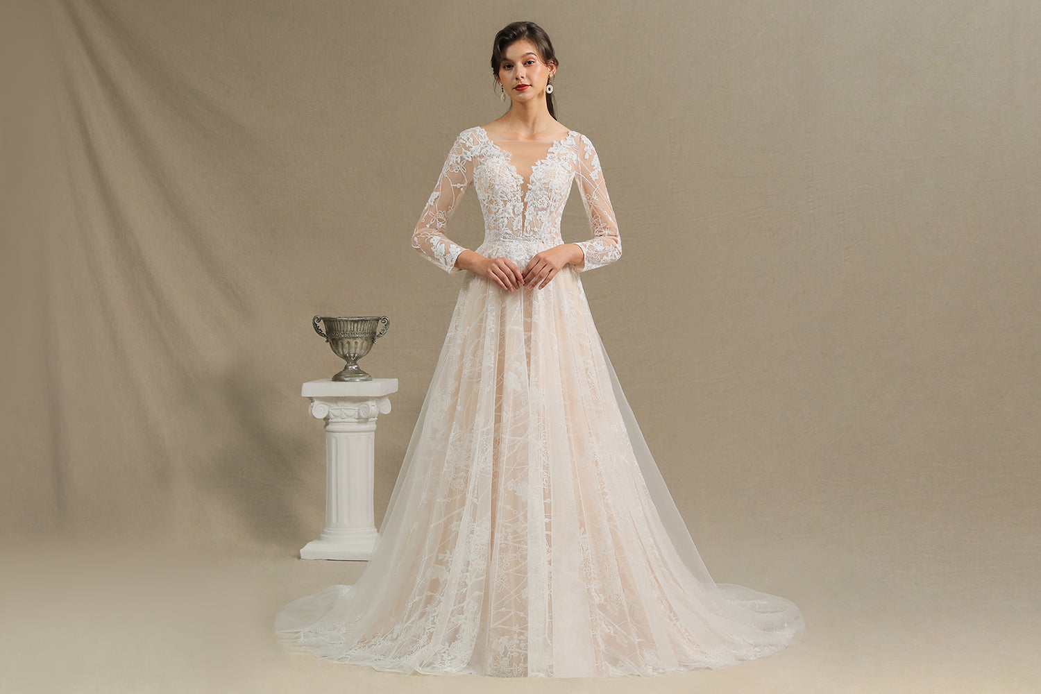 Sheer Long Sleeve A-Line Illusion Tulle Wedding Dress with Lace