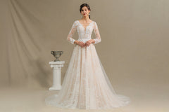 Sheer Long Sleeve A-Line Illusion Tulle Wedding Dress with Lace